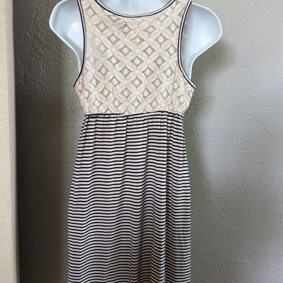 Size Medium Cream And Navy Blue Striped Dress lace and ruffles. Adorable! - Picture 3 of 3